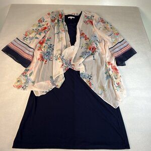 Sandra Darren Blue Sleeveless Midi Dress XL w/ Popover One Size Pink Lace Floral